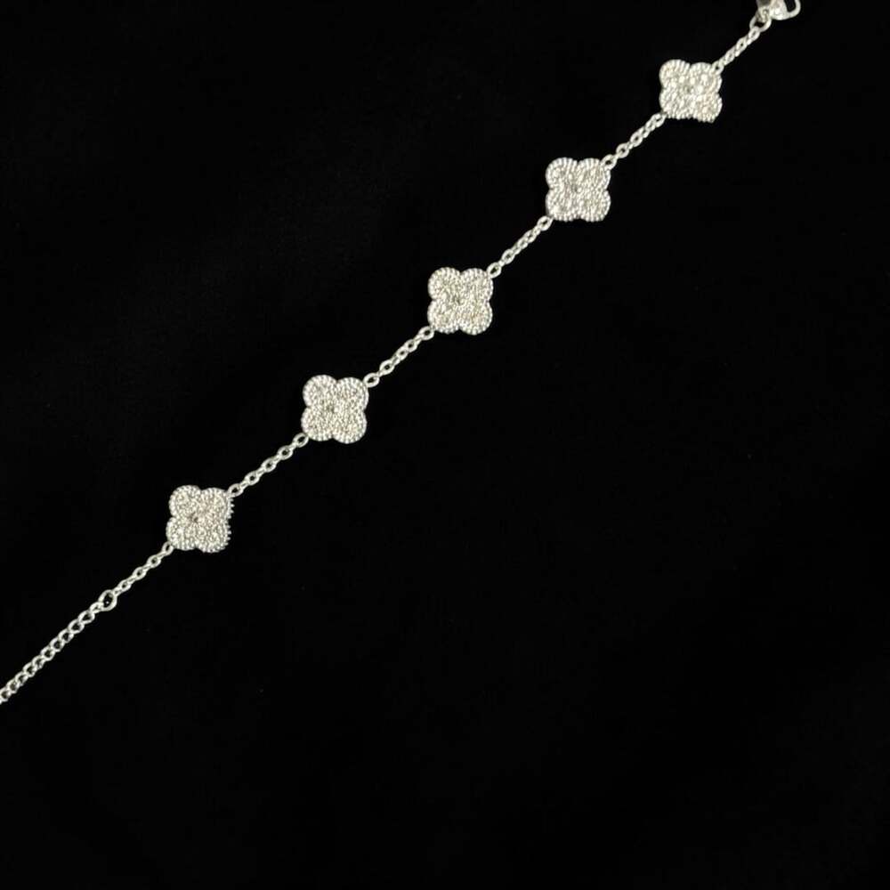 Clover Bracelet 6.5-8.5” Inches White Gold Over Stainless Steel Sparkly Crystal